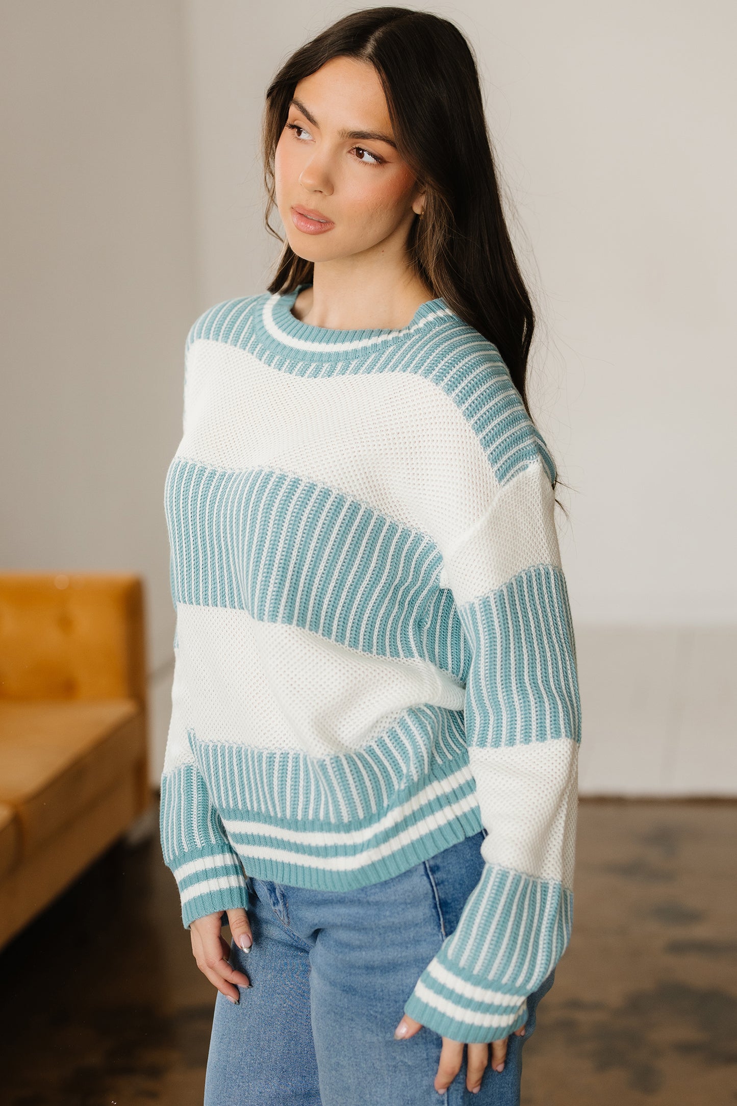 Brown Two Tone Striped Patchwork Drop Shoulder Loose Sweater