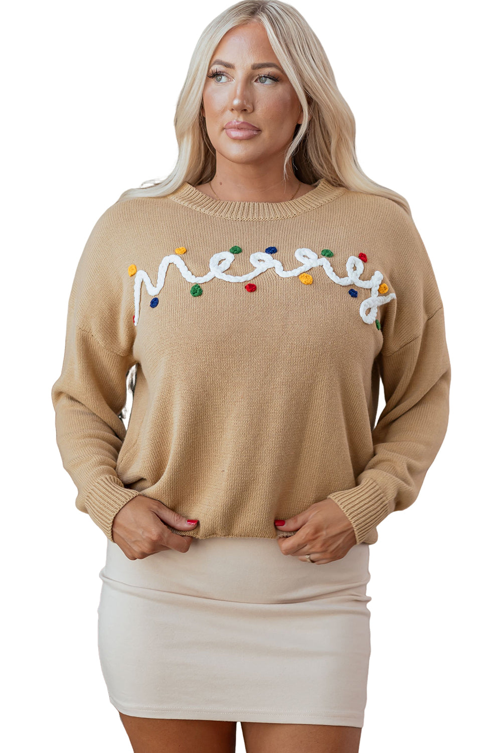 Smoke Gray Merry Colorful Dot Detail Christmas Dolman Sweater