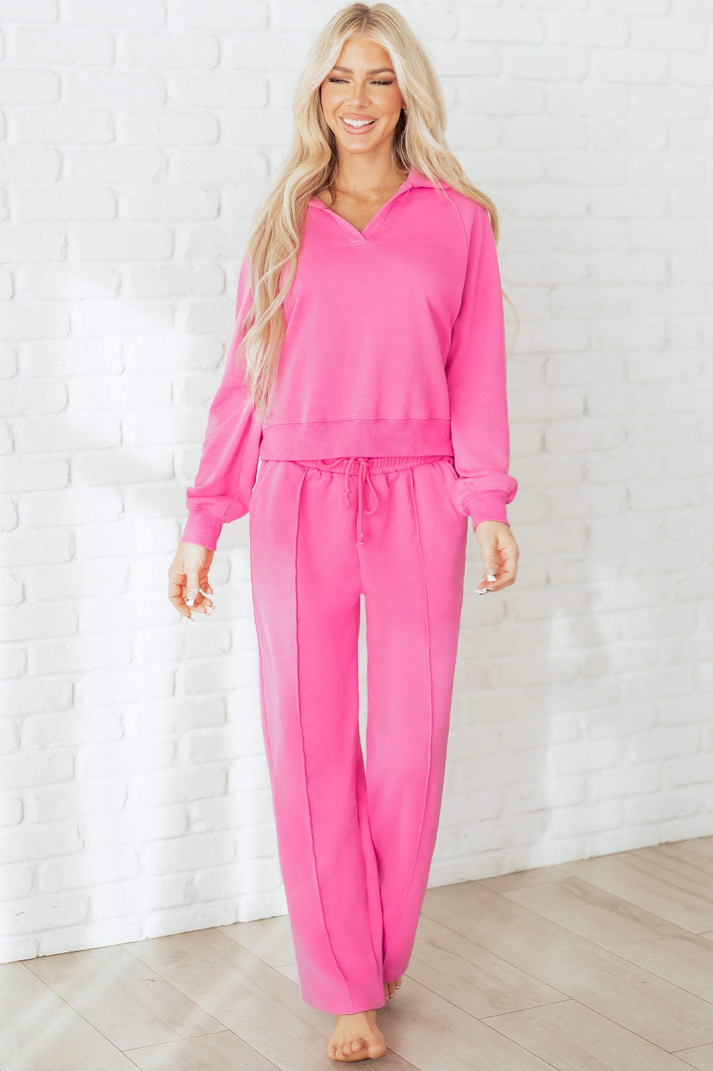 Wisteria Solid Color Collared Pullover and Central Seam Pants Set