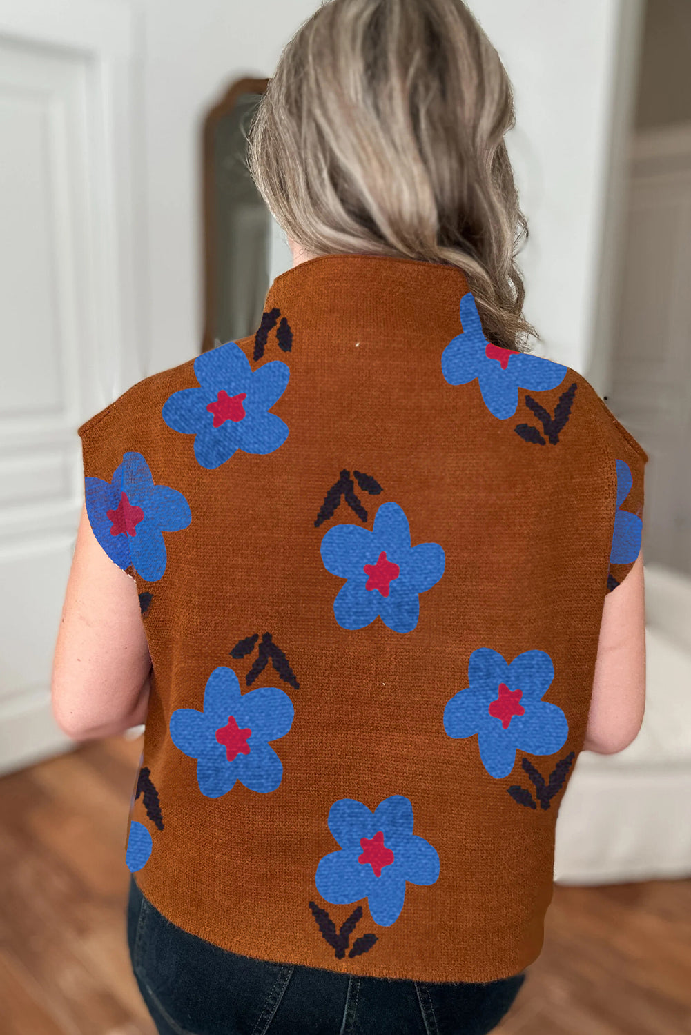 Chestnut Floral High Neck Sweater Vest