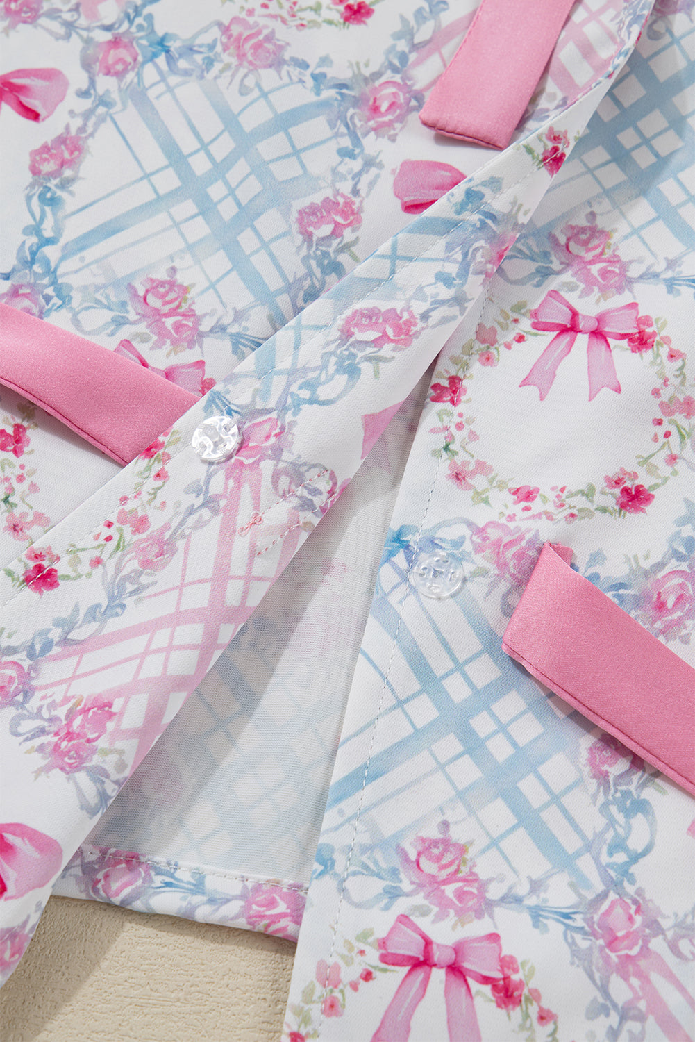 Pink Bow Wreath Pattern Christmas Holiday Tied Front Long Sleeve 2pcs Pajama Set